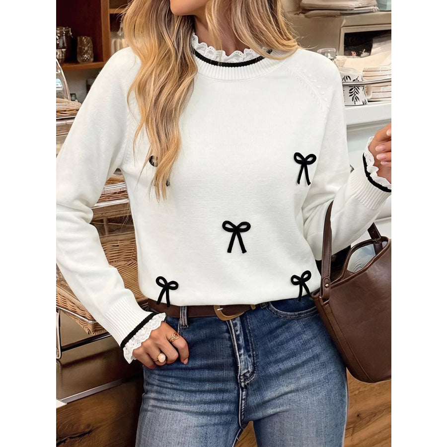 Bow-Embellished Lace Trim Sweater White / S Apparel and Accessories