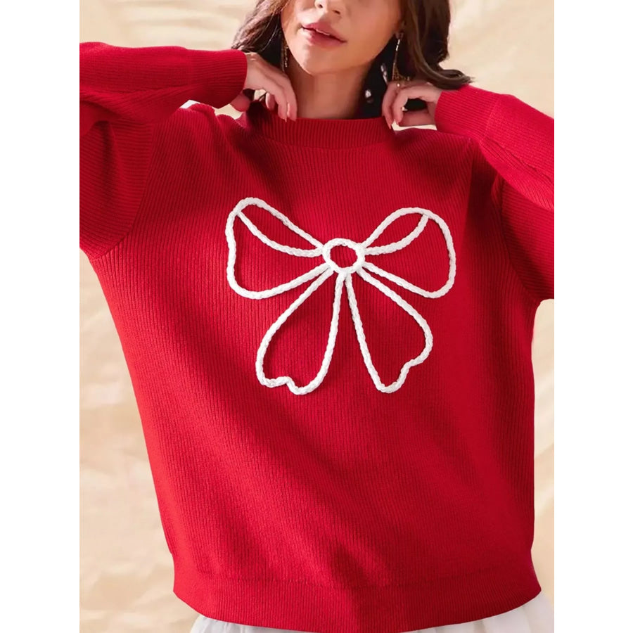 Bow-Embellished Ribbed Sweater Apparel and Accessories