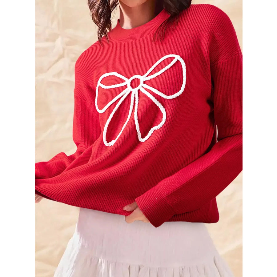 Bow-Embellished Ribbed Sweater Deep Red / S Apparel and Accessories