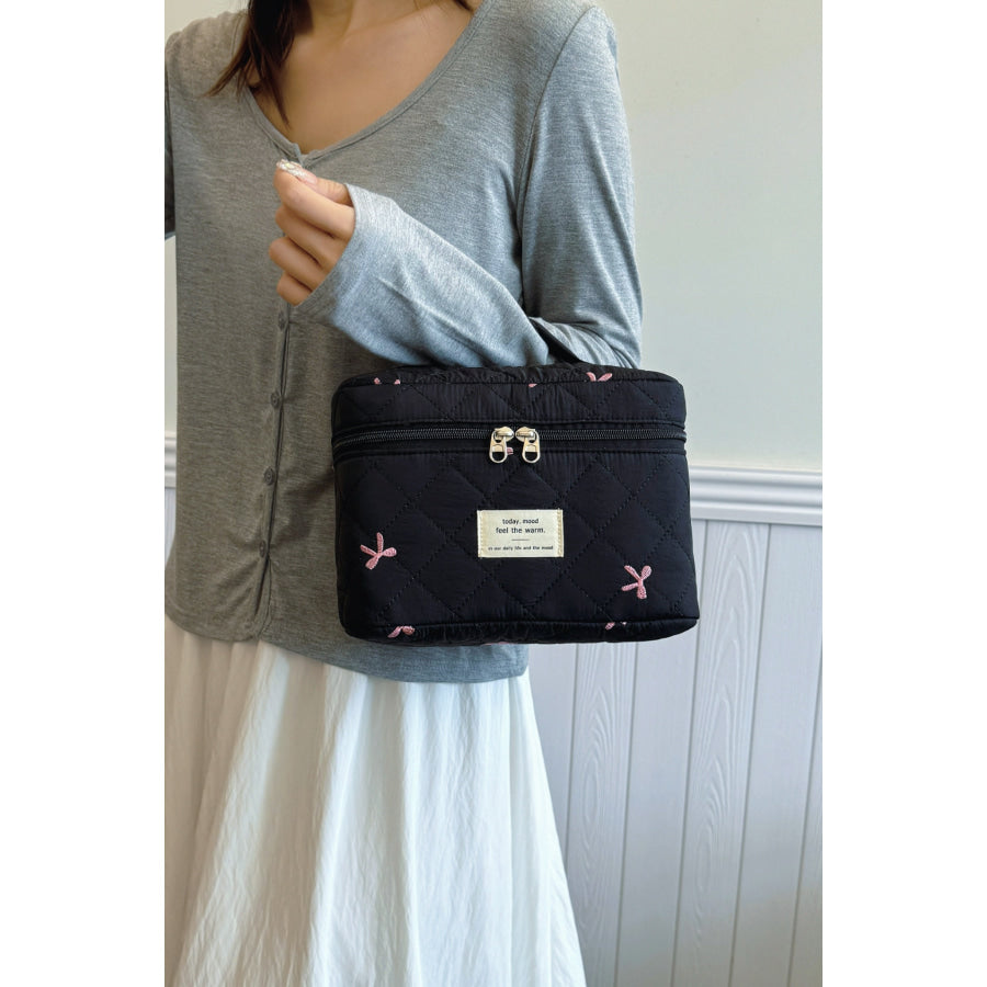 Bow Embroidered Quilted Storage Bag with Zip Apparel and Accessories