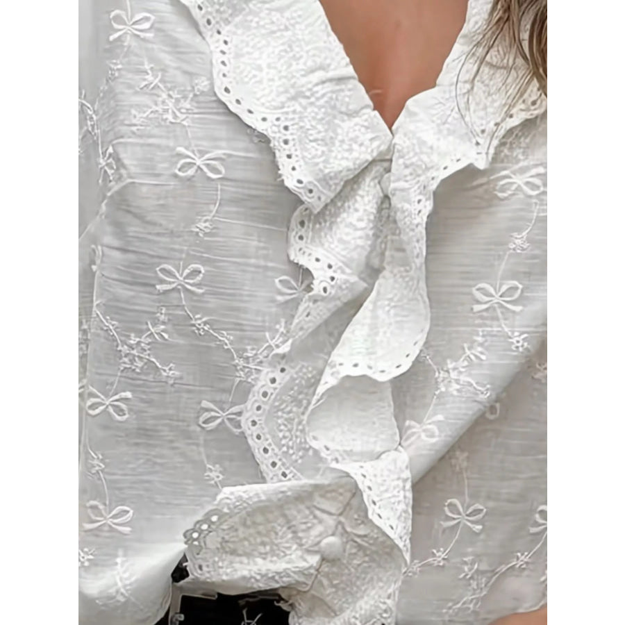 Bow Embroidered Ruffled V-Neck Blouse Apparel and Accessories