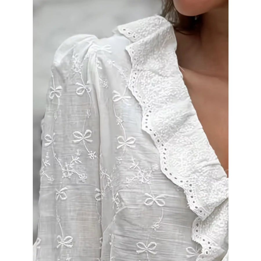 Bow Embroidered Ruffled V-Neck Blouse Apparel and Accessories