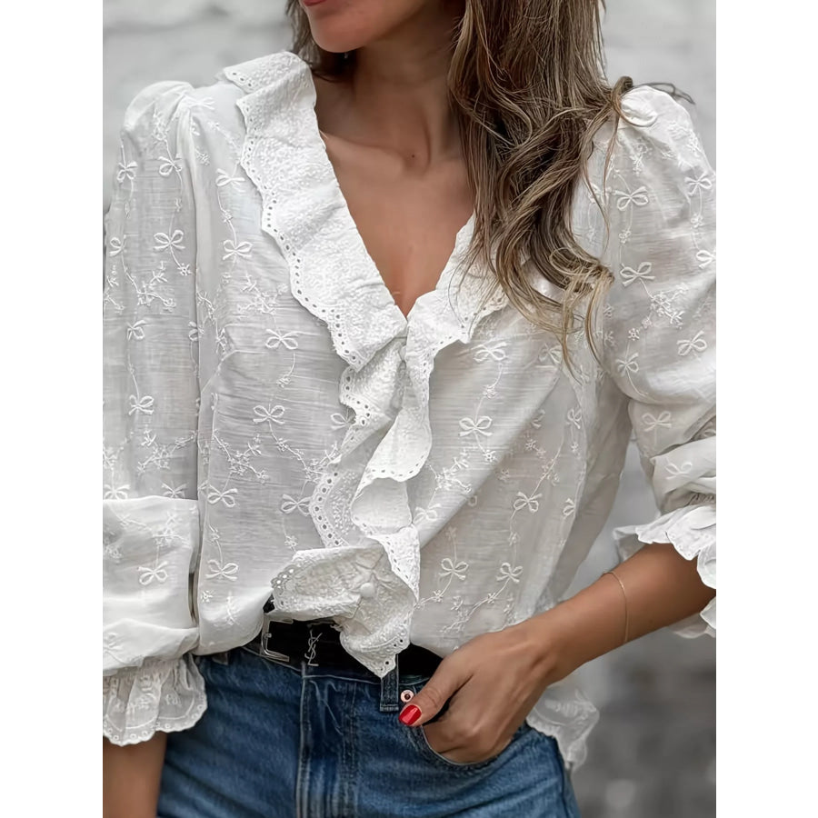 Bow Embroidered Ruffled V-Neck Blouse White / S Apparel and Accessories
