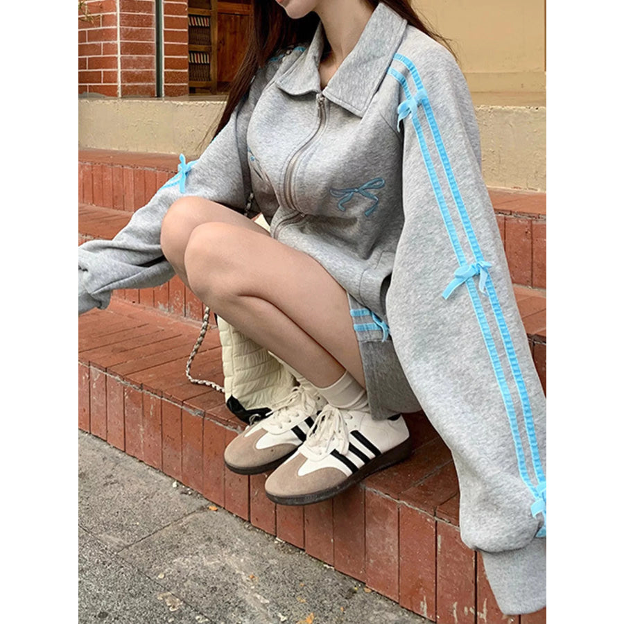 Bow Embroidered Zip-Up Sweatshirt Apparel and Accessories