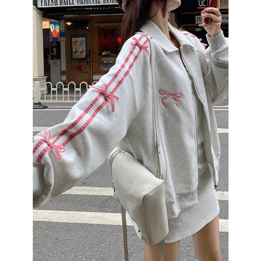 Bow Embroidered Zip-Up Sweatshirt Apparel and Accessories