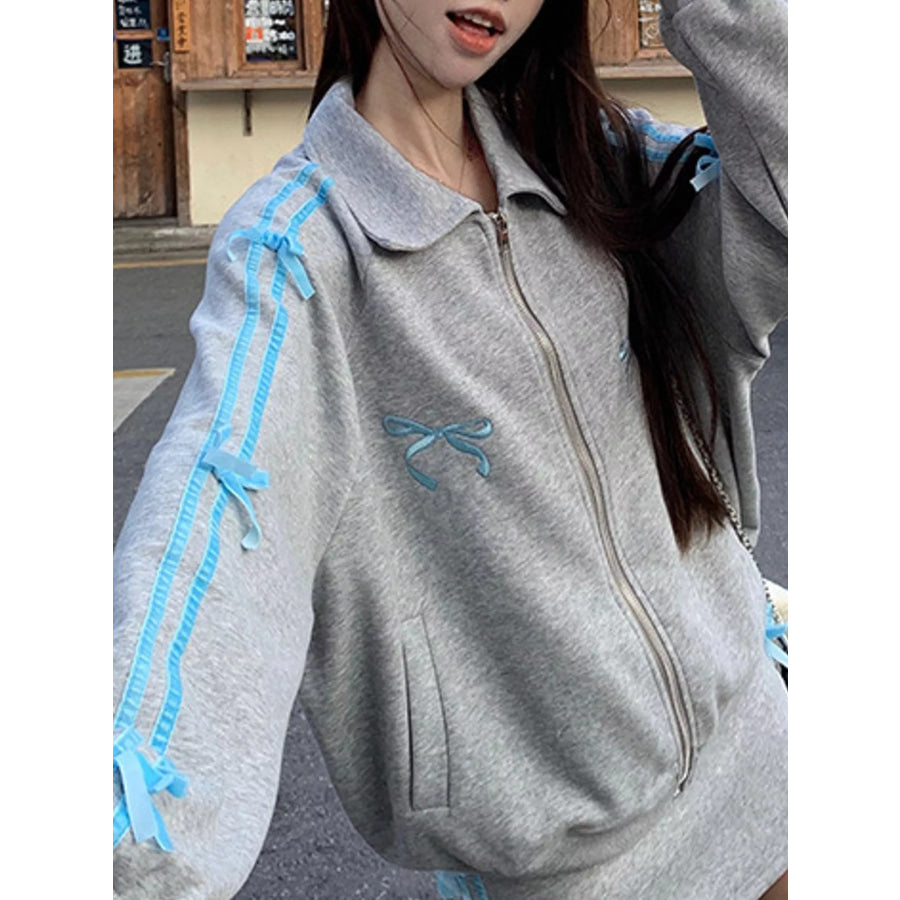 Bow Embroidered Zip-Up Sweatshirt Apparel and Accessories
