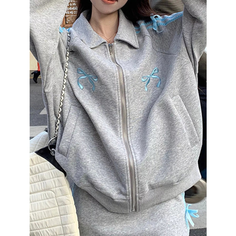 Bow Embroidered Zip-Up Sweatshirt Apparel and Accessories