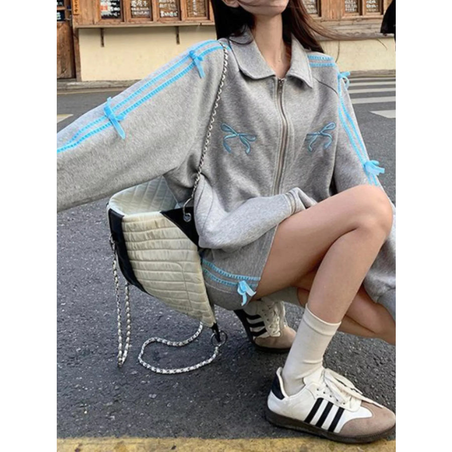 Bow Embroidered Zip-Up Sweatshirt Apparel and Accessories