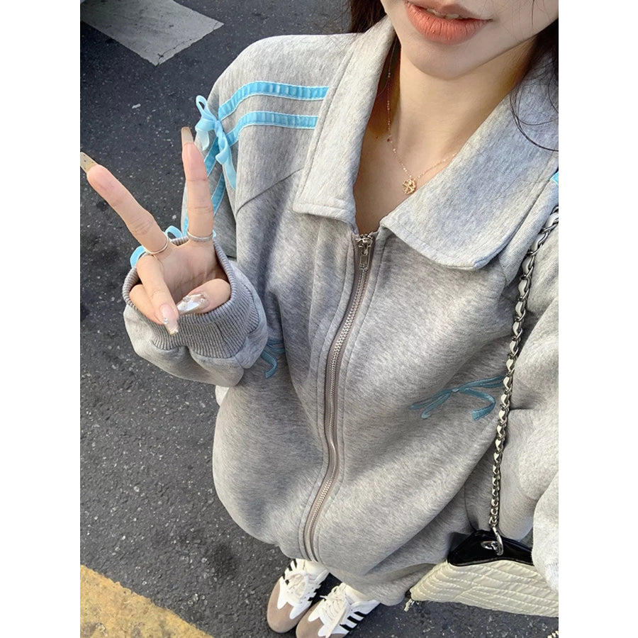 Bow Embroidered Zip-Up Sweatshirt Apparel and Accessories