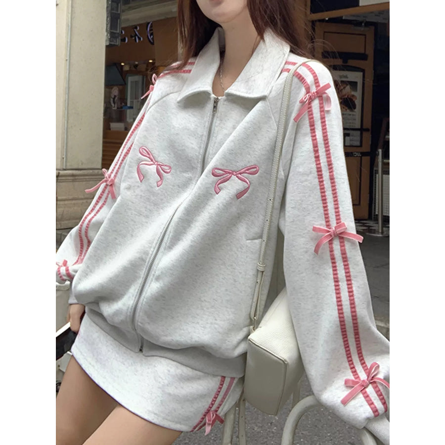 Bow Embroidered Zip-Up Sweatshirt Apparel and Accessories