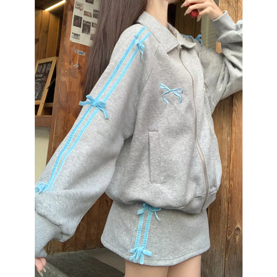 Bow Embroidered Zip-Up Sweatshirt Apparel and Accessories