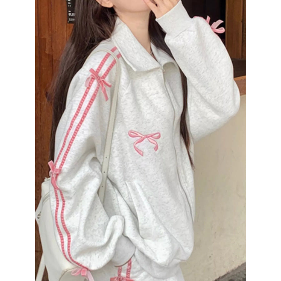 Bow Embroidered Zip-Up Sweatshirt Apparel and Accessories