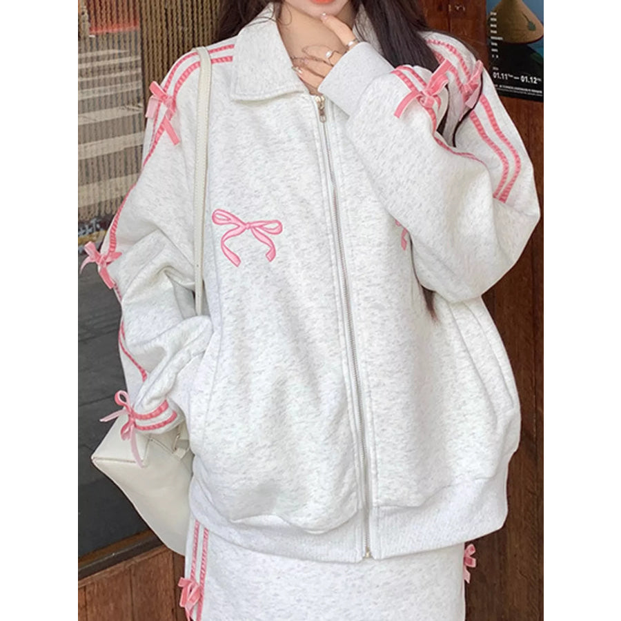 Bow Embroidered Zip-Up Sweatshirt Apparel and Accessories