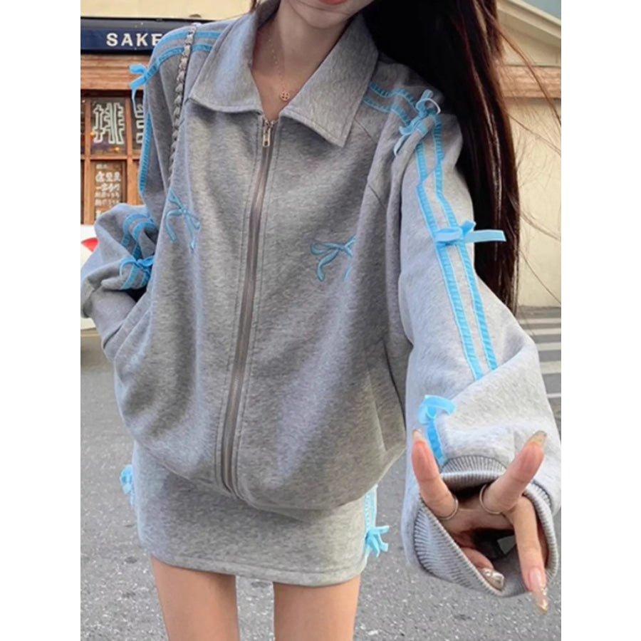 Bow Embroidered Zip-Up Sweatshirt Heather Gray / M Apparel and Accessories