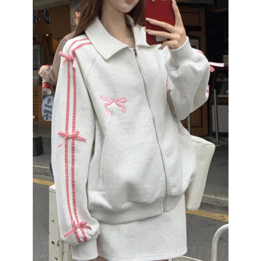 Bow Embroidered Zip-Up Sweatshirt White Gray / M Apparel and Accessories
