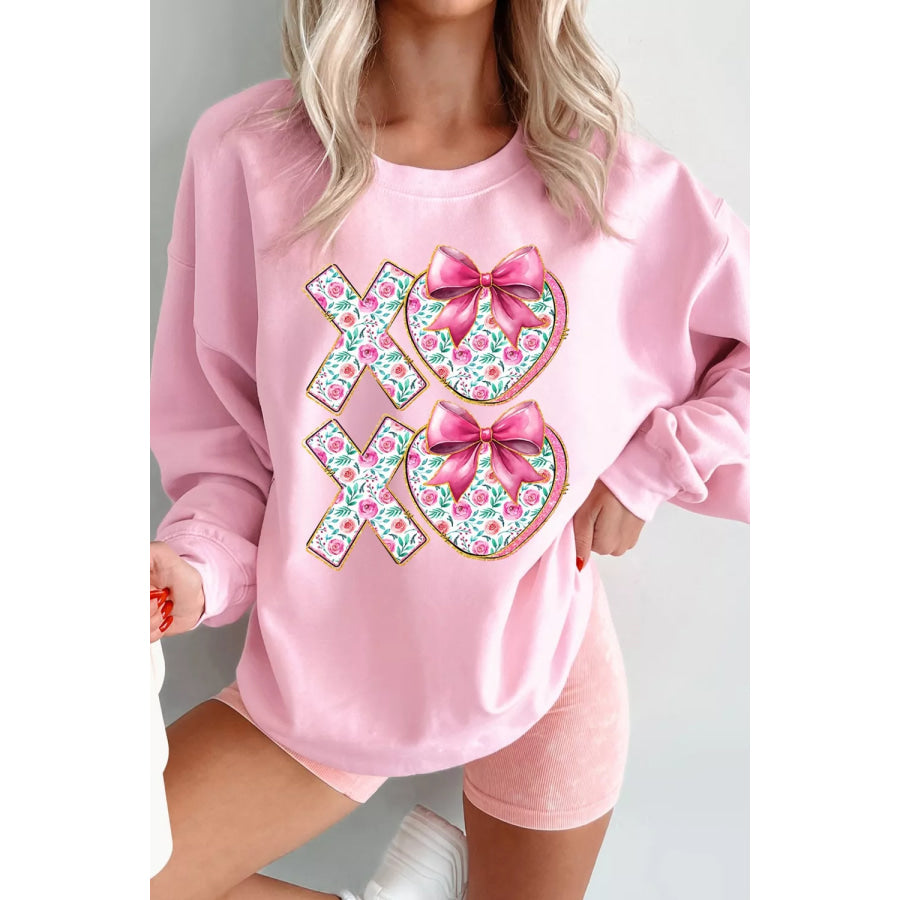 Bow Floral Printed Valentines Day XOXO Sweatshirt Blush Pink / S Apparel and Accessories