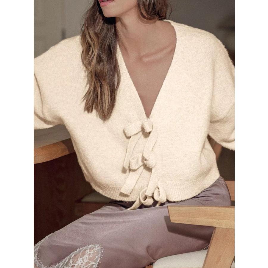 Bow Front Long Sleeve Cardigan Beige / S Apparel and Accessories
