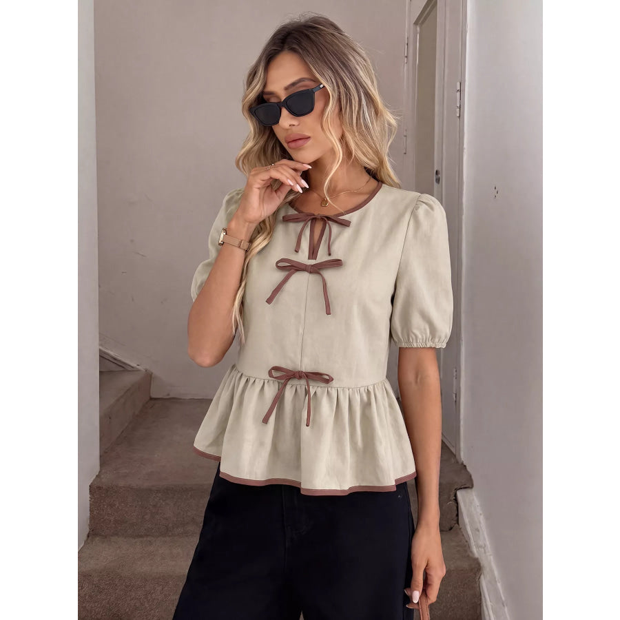 Bow Front Ruffle Hem Blouse Apparel and Accessories