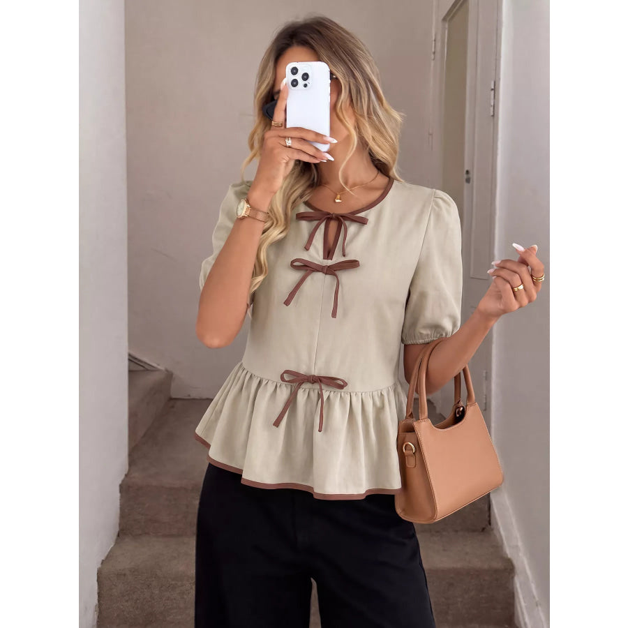 Bow Front Ruffle Hem Blouse Apparel and Accessories