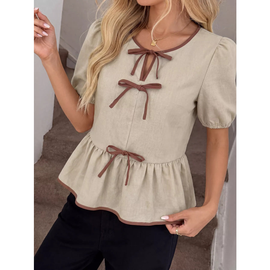 Bow Front Ruffle Hem Blouse Apparel and Accessories