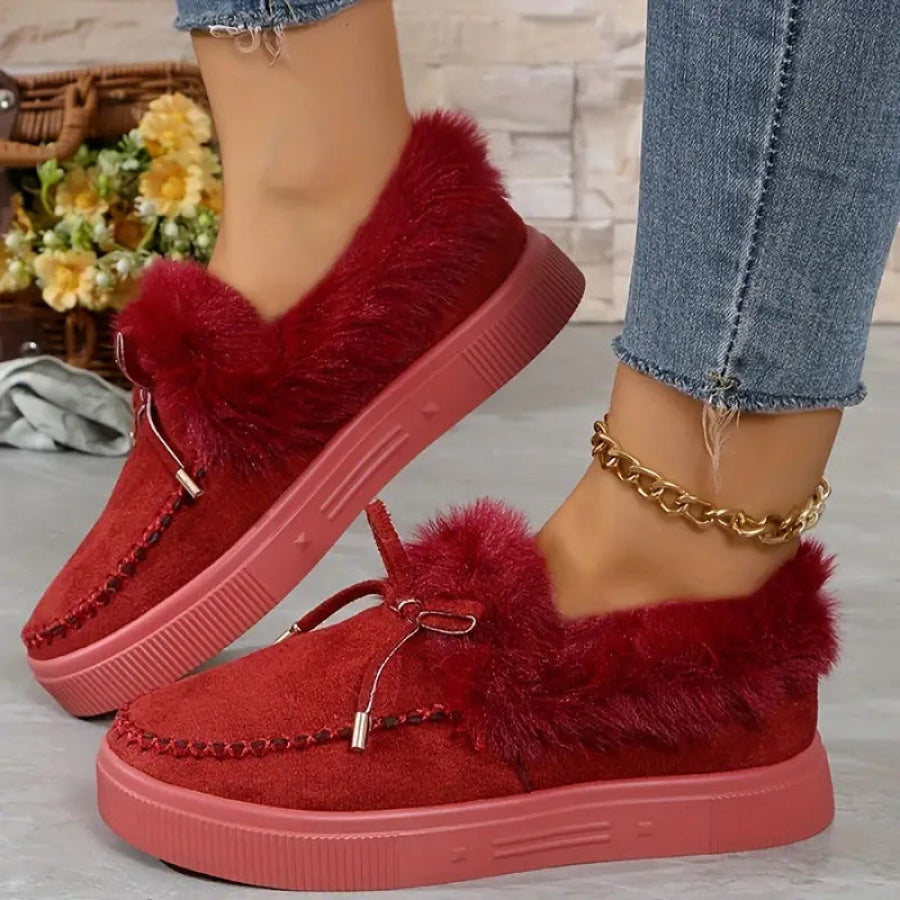 Bow Furry Round Toe Flat Slip-Ons Apparel and Accessories