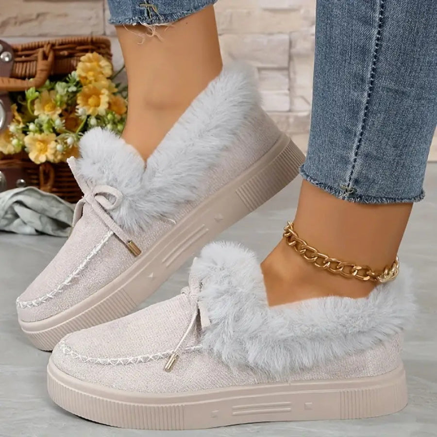 Bow Furry Round Toe Flat Slip-Ons Apparel and Accessories