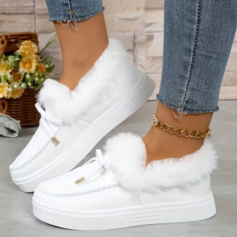 Bow Furry Round Toe Flat Slip-Ons Apparel and Accessories