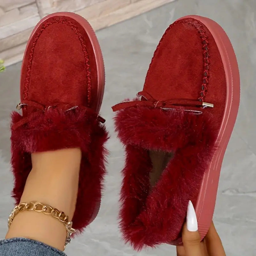 Bow Furry Round Toe Flat Slip-Ons Burgundy / 36(US5) Apparel and Accessories