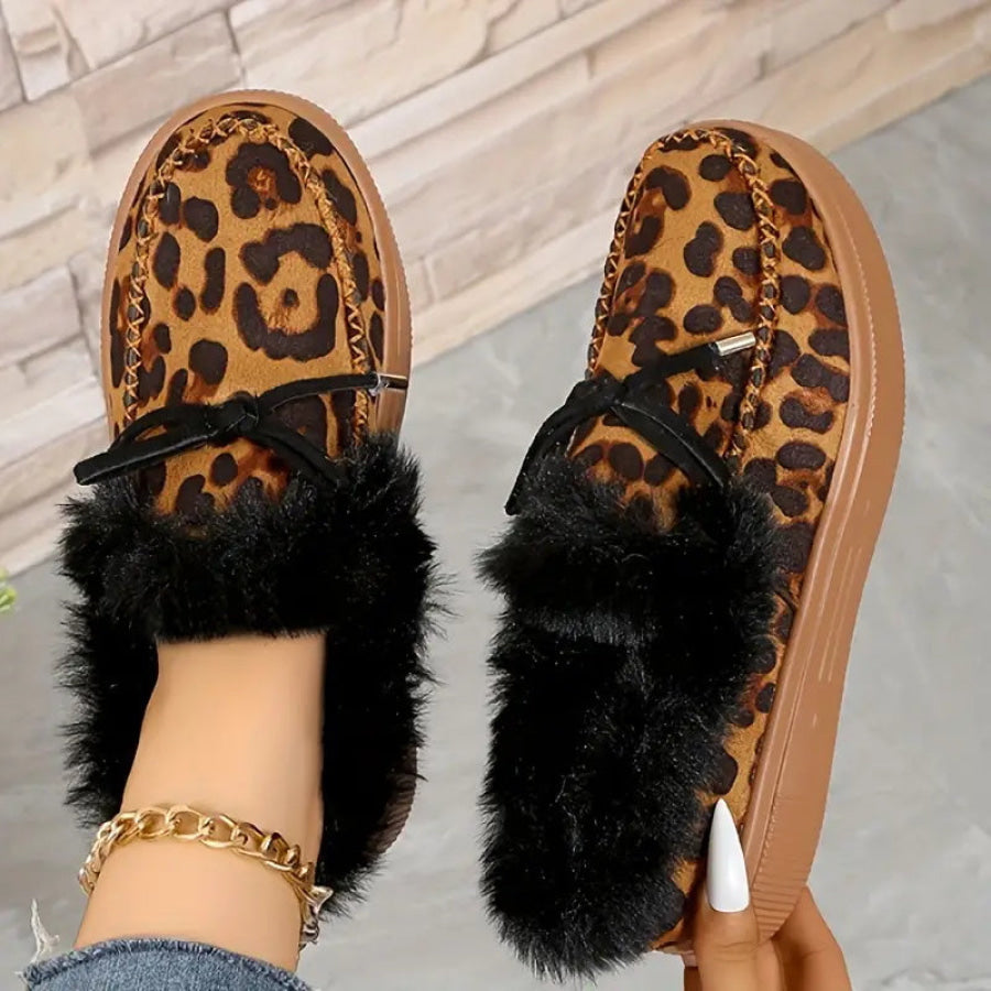 Bow Furry Round Toe Flat Slip-Ons Leopard / 36(US5) Apparel and Accessories