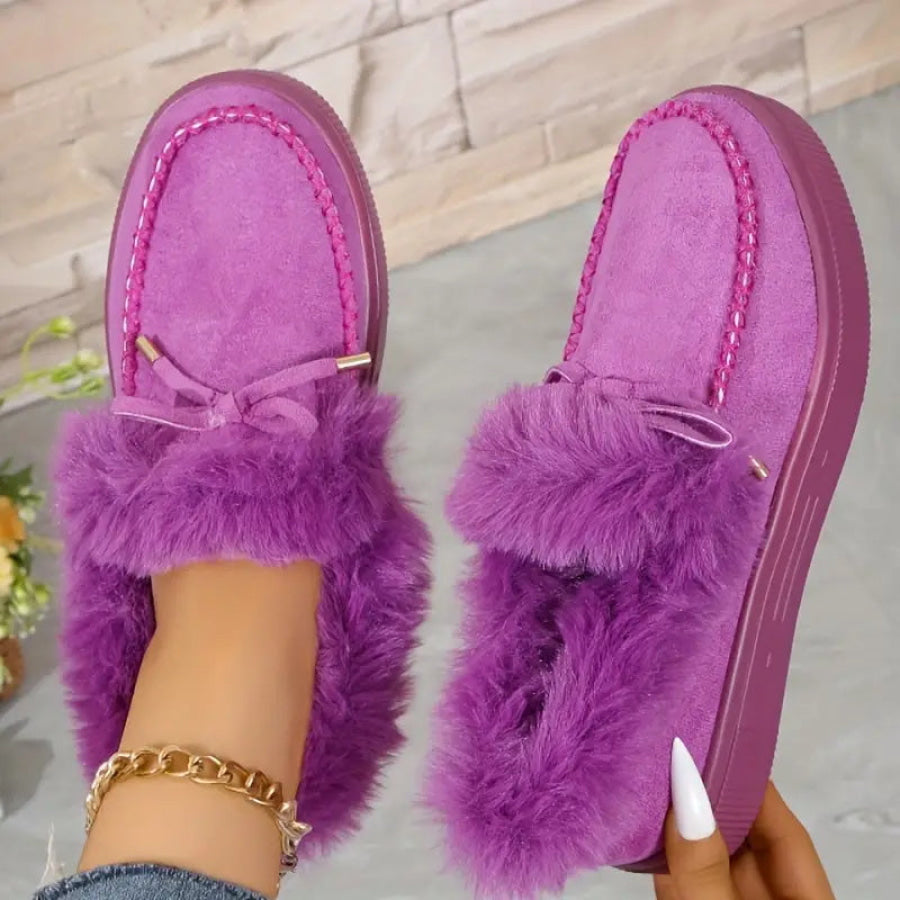 Bow Furry Round Toe Flat Slip-Ons Red-Violet / 36(US5) Apparel and Accessories