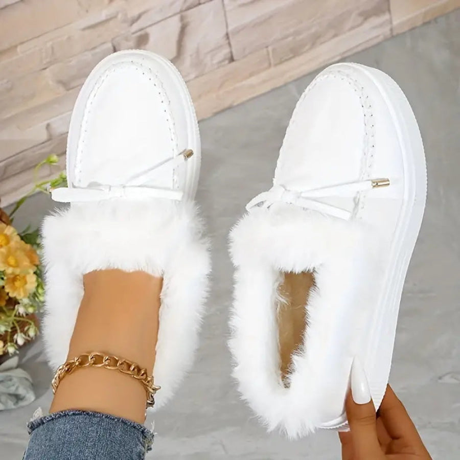 Bow Furry Round Toe Flat Slip-Ons White / 36(US5) Apparel and Accessories