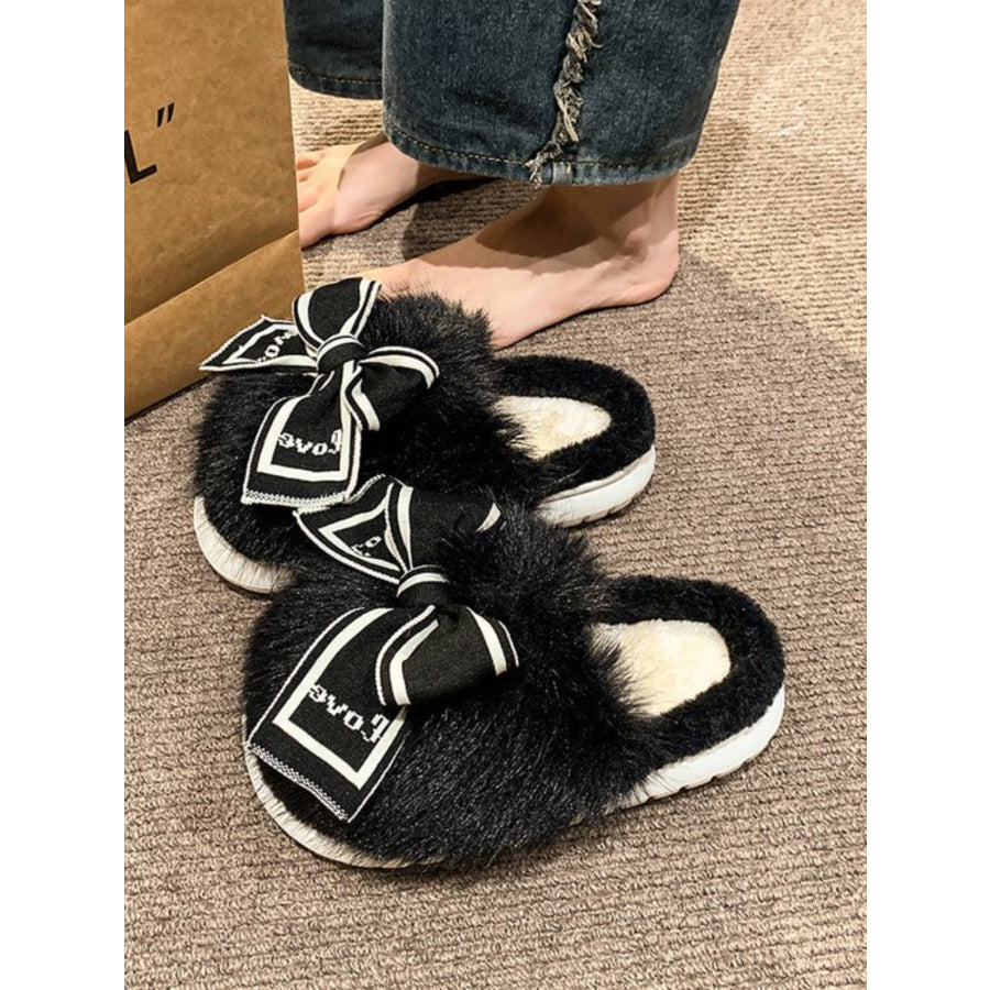 Bow Furry Round Toe Slippers Black / 36(US5) Apparel and Accessories