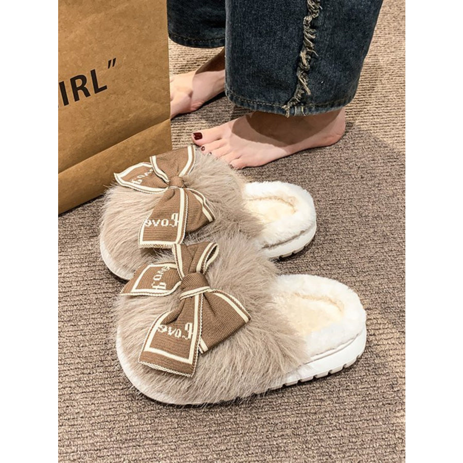 Bow Furry Round Toe Slippers Khaki / 36(US5) Apparel and Accessories