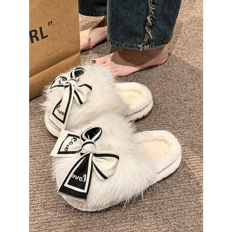 Bow Furry Round Toe Slippers White / 36(US5) Apparel and Accessories