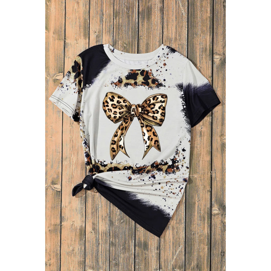 Bow Graphic Leopard Round Neck Short Sleeve T-Shirt Apparel and Accessories