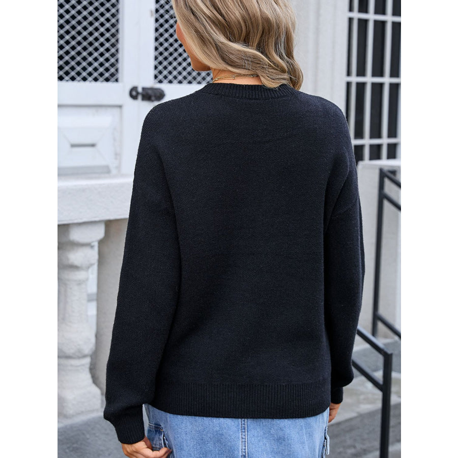 Bow Graphic Round Neck Long Sleeve Sweater Apparel and Accessories