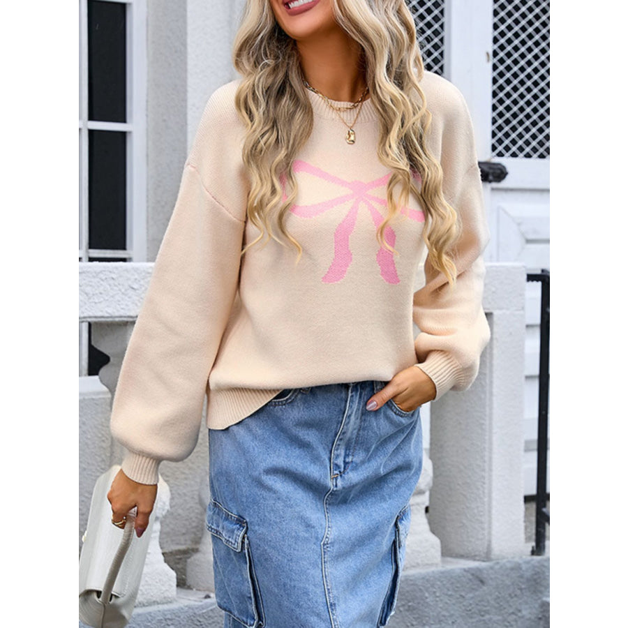 Bow Graphic Round Neck Long Sleeve Sweater Apparel and Accessories