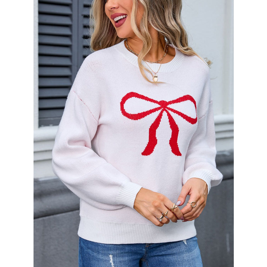 Bow Graphic Round Neck Long Sleeve Sweater Apparel and Accessories