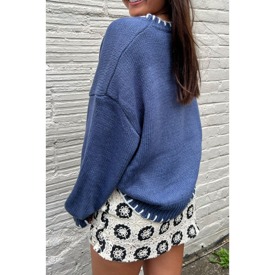 Bow Graphic Round Neck Long Sleeve Sweater Dusty Blue / S Apparel and Accessories