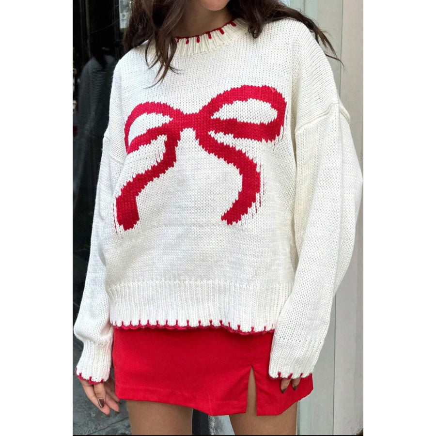 Bow Graphic Round Neck Long Sleeve Sweater Apparel and Accessories