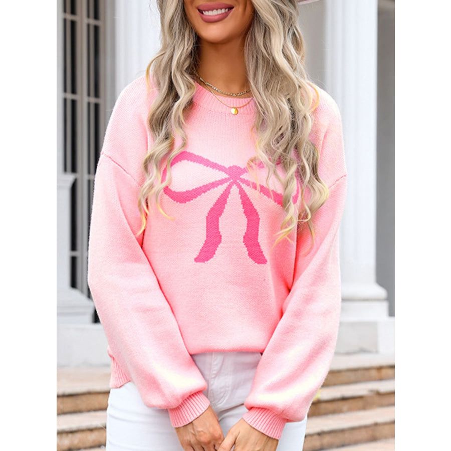 Bow Graphic Round Neck Long Sleeve Sweater Apparel and Accessories