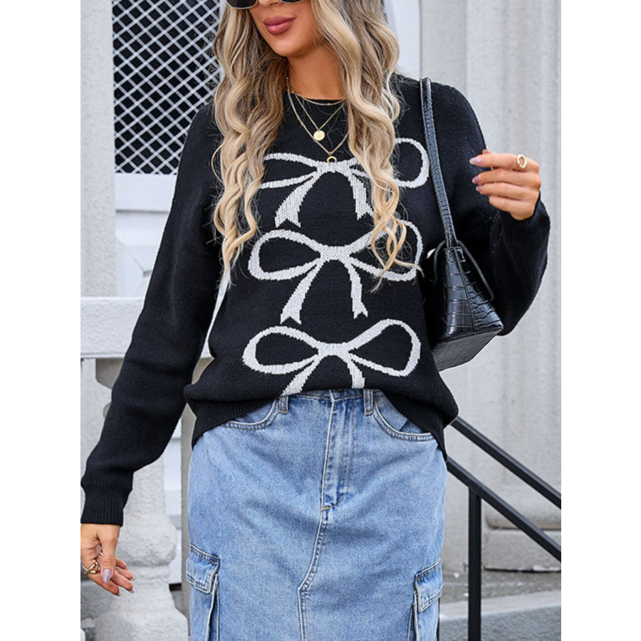 Bow Graphic Round Neck Long Sleeve Sweater Apparel and Accessories