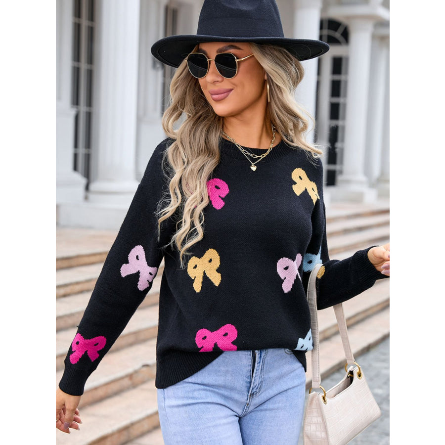 Bow Graphic Round Neck Long Sleeve Sweater Apparel and Accessories