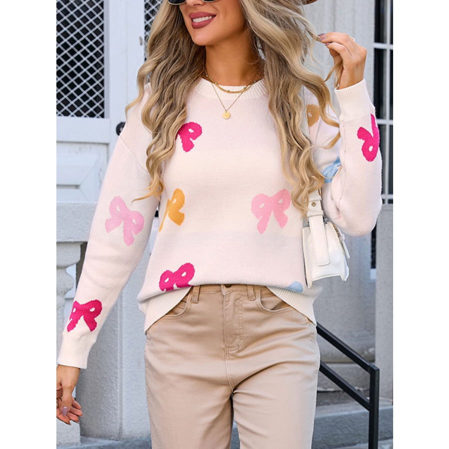 Bow Graphic Round Neck Long Sleeve Sweater Apparel and Accessories