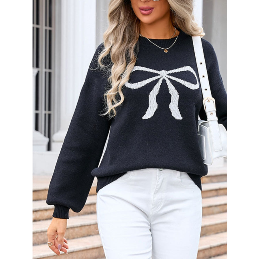 Bow Graphic Round Neck Long Sleeve Sweater Apparel and Accessories