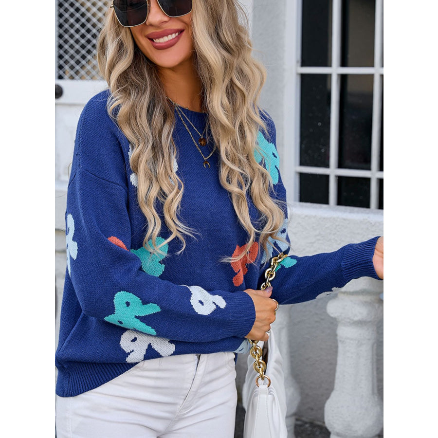 Bow Graphic Round Neck Long Sleeve Sweater Apparel and Accessories