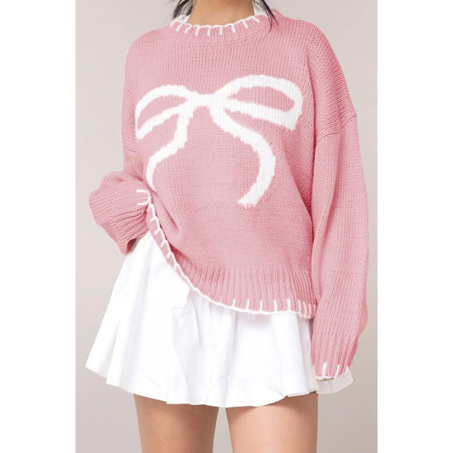 Bow Graphic Round Neck Long Sleeve Sweater Blush Pink / S Apparel and Accessories