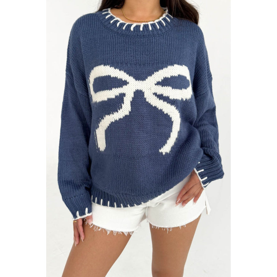 Bow Graphic Round Neck Long Sleeve Sweater Dusty Blue / S Apparel and Accessories