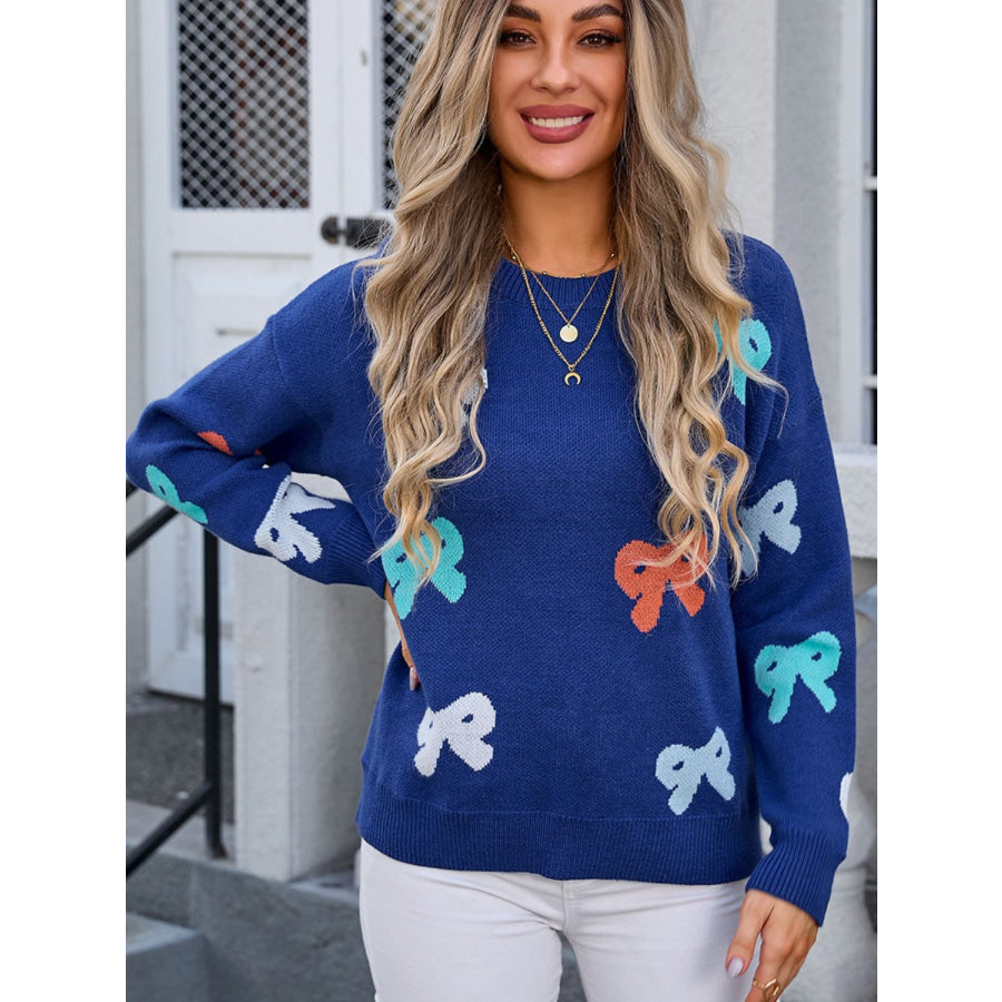 Bow Graphic Round Neck Long Sleeve Sweater Navy / S Apparel and Accessories