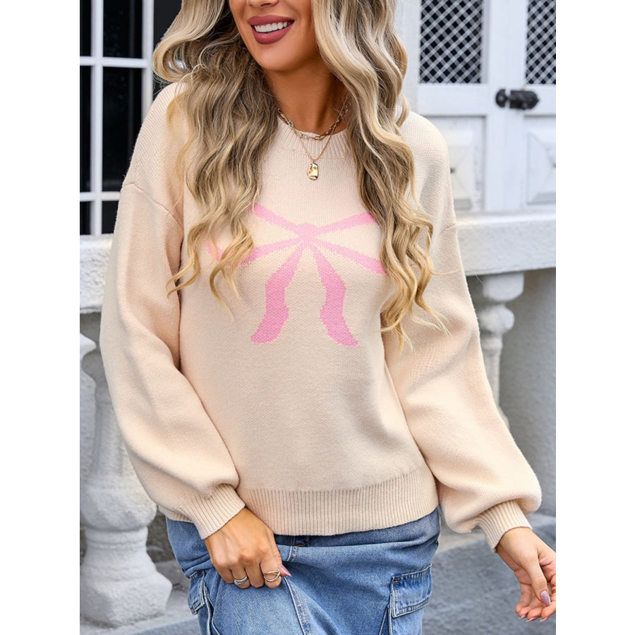 Bow Graphic Round Neck Long Sleeve Sweater Tan / S Apparel and Accessories